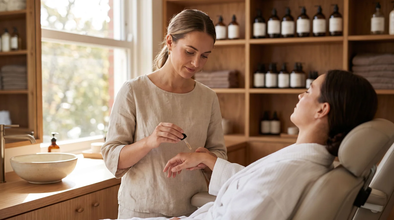 Hudvårdsprodukter och handdukar uppställda inför en ansiktsbehandling med kemisk peeling