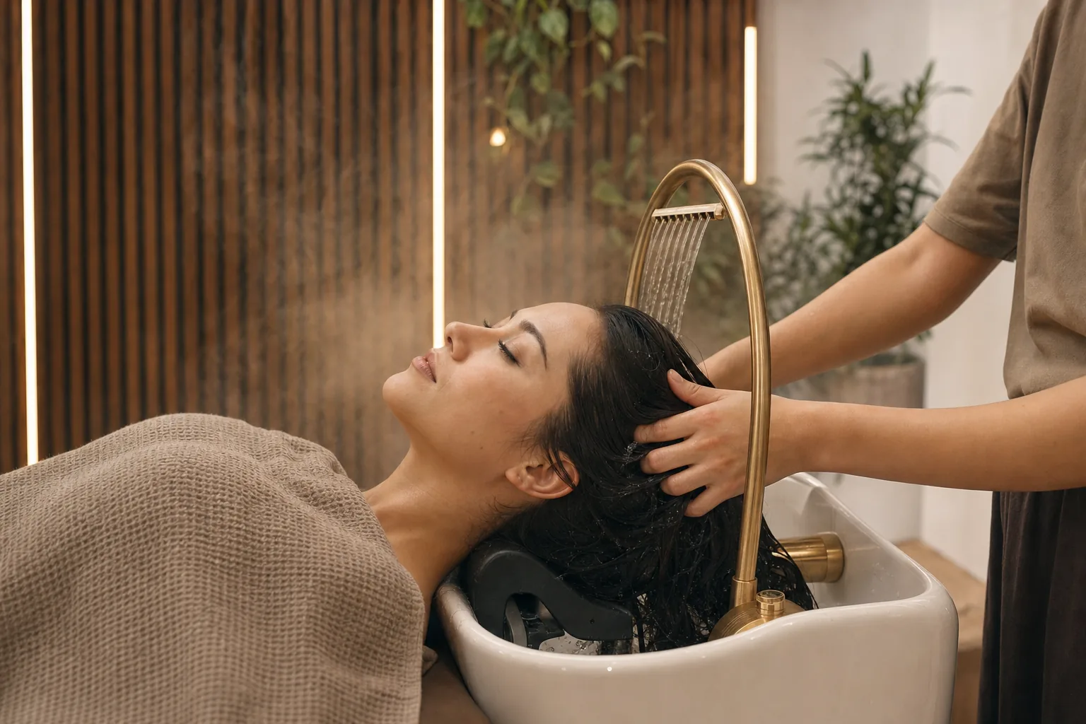 Head spa med vattenterapi vid tvättstolen